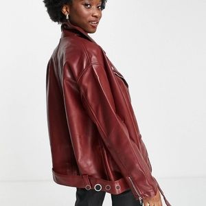 Burgundy Faux Leather Jacket Oversized 